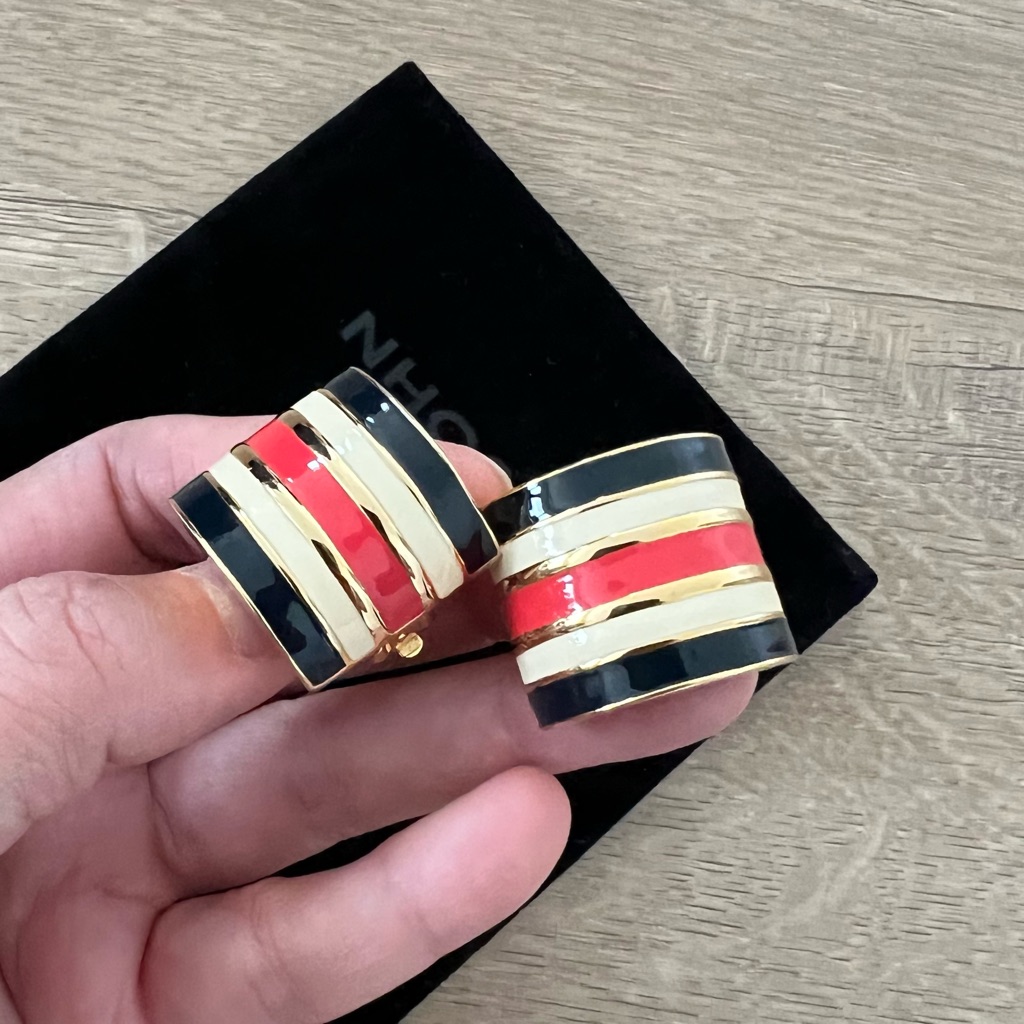 Vintage 80s St John RedBlueWhite Enamel Clip On Earrings Rare 150$